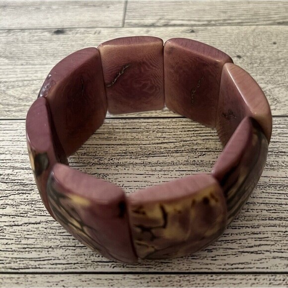 Tagua Nut Stretch Wide Bracelet Purple Brown Boho Style - Picture 7 of 7